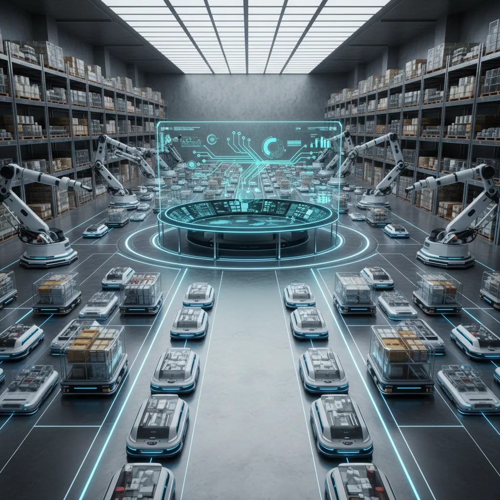 Automated warehouse with robots and AI control panel for efficient inventory management.