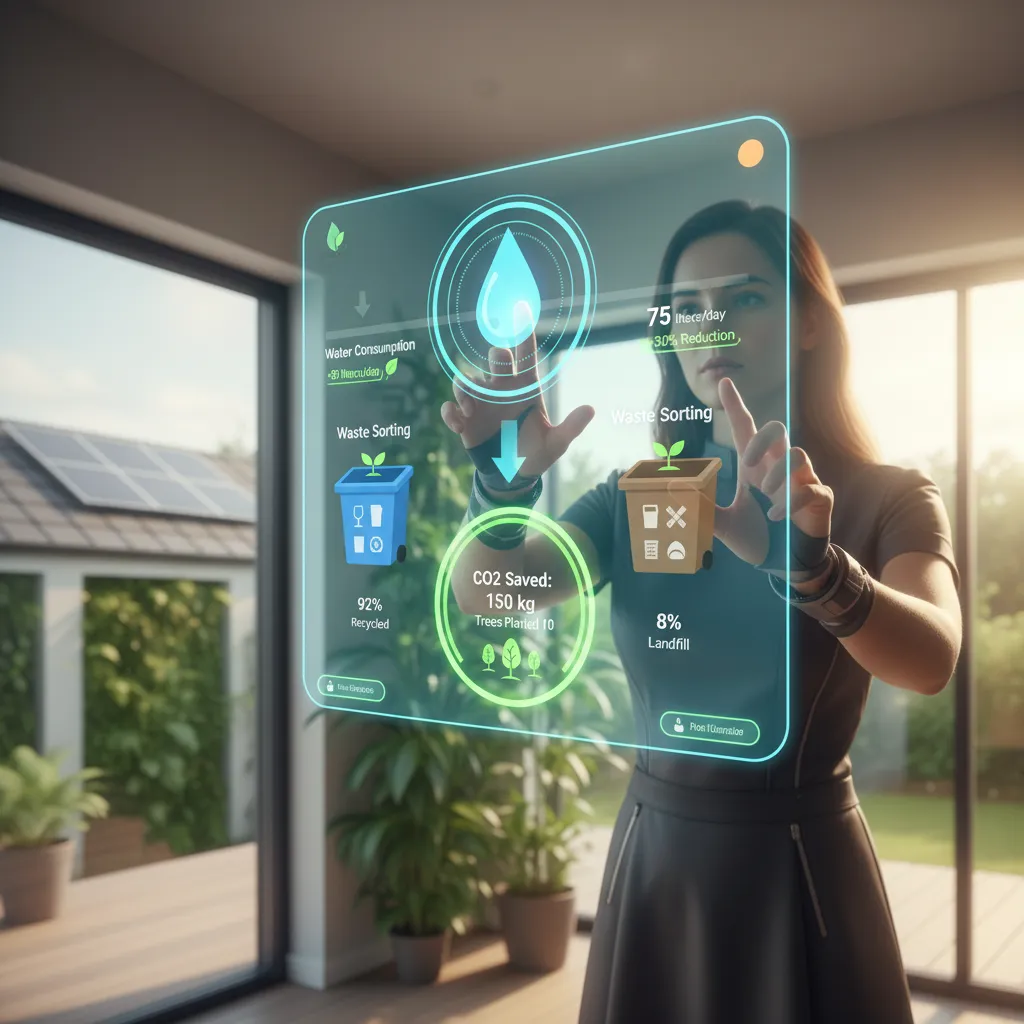 Person interacting with holographic water and waste management interface