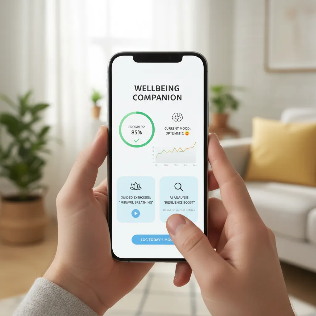 Person interacting with AI mental health app on smartphone