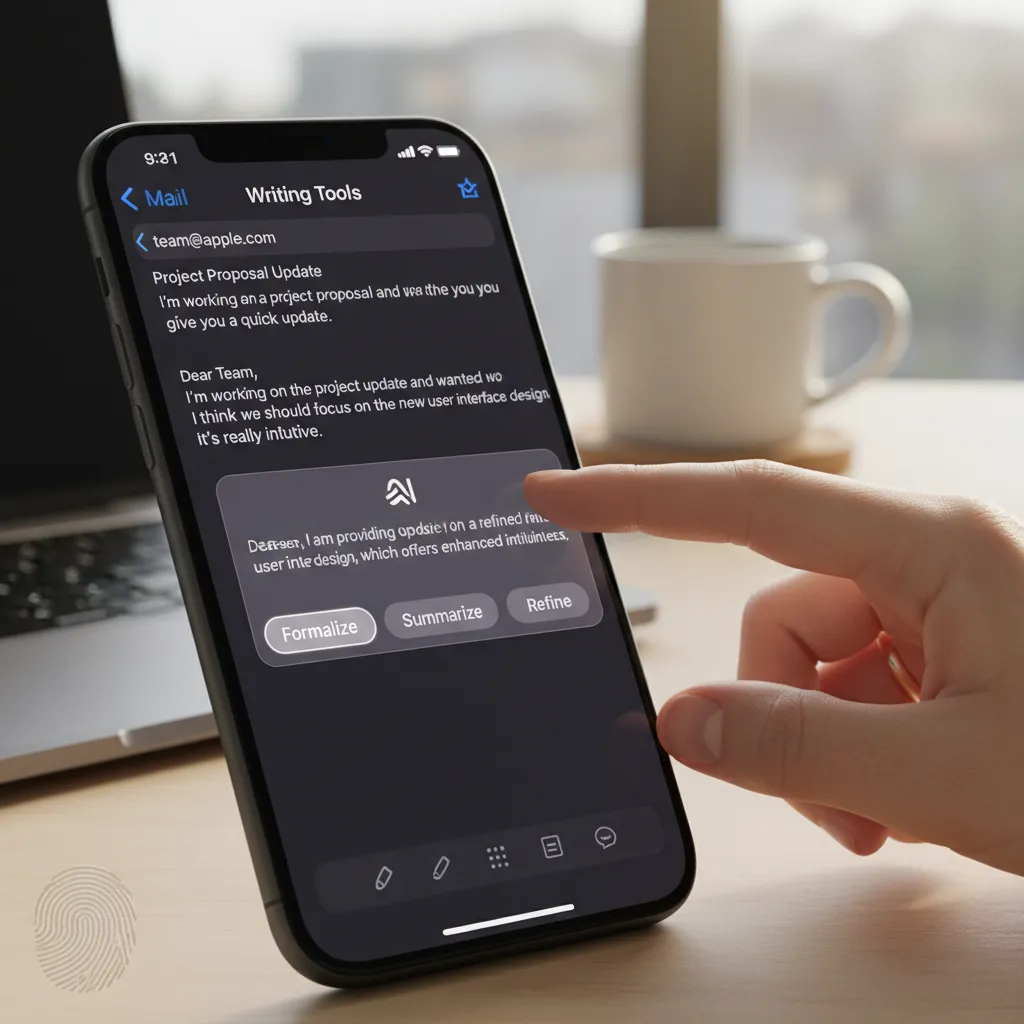 iPhone screen displaying Apple Intelligence writing tools refining an email