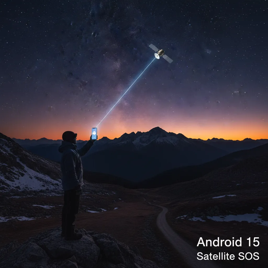 Smartphone held by a hiker sending a message via satellite, illustrating Android 15's satellite connectivity.