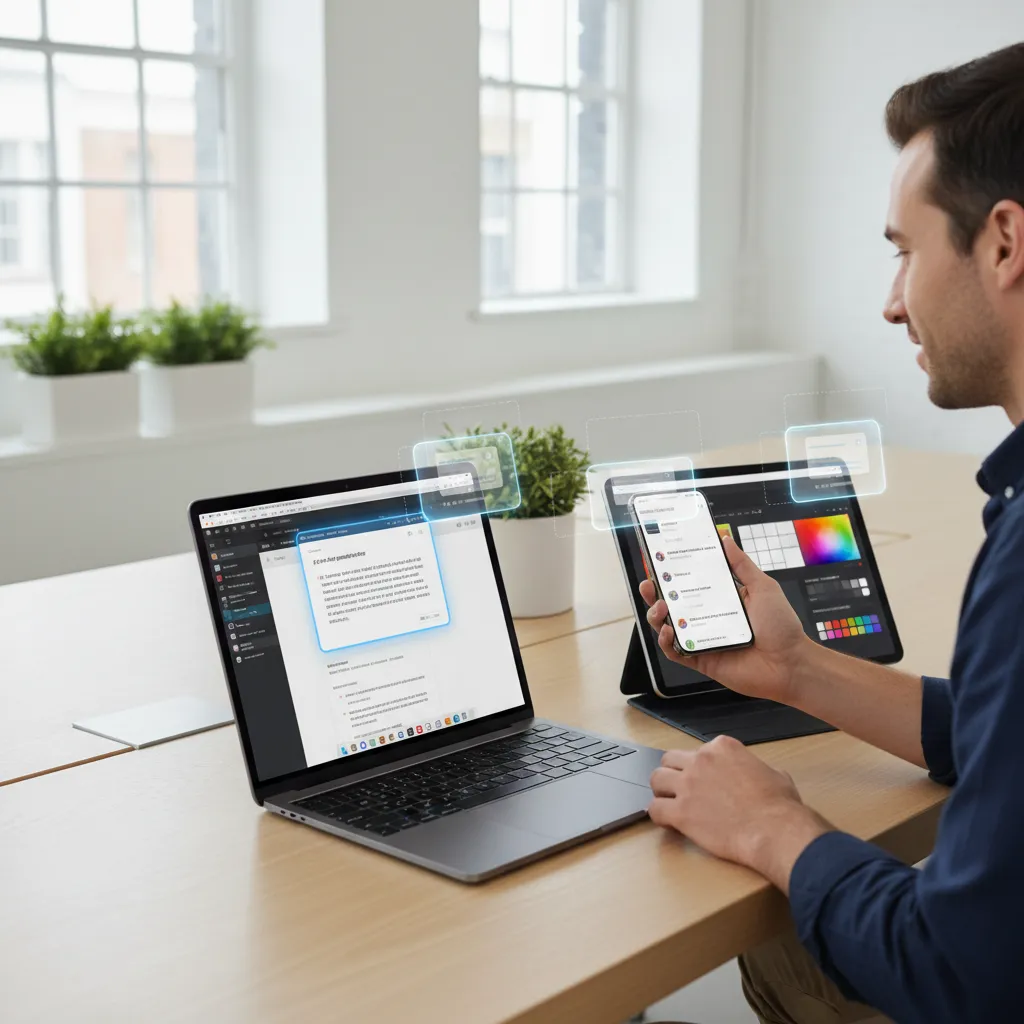 User interacting with AI-enhanced Apple devices for productivity