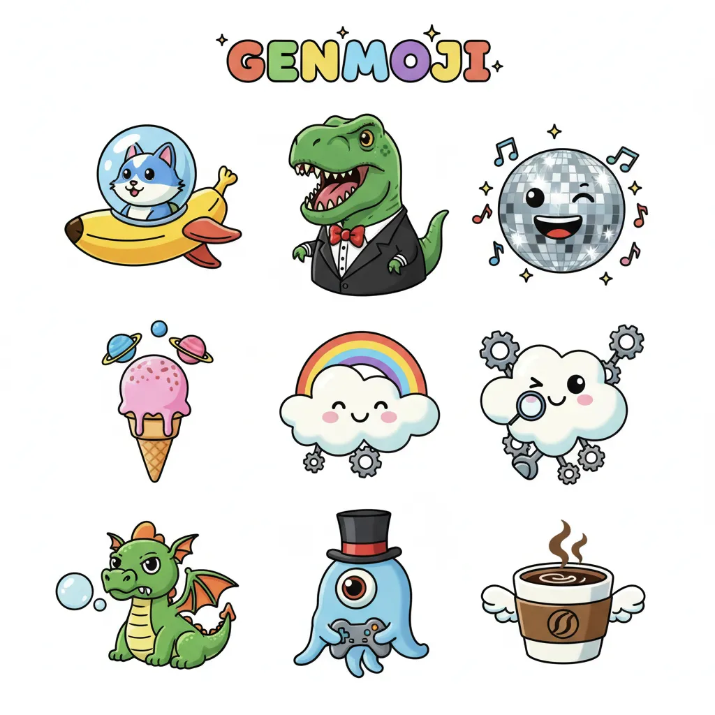 A collage of unique, AI-generated Genmoji from Apple Intelligence.