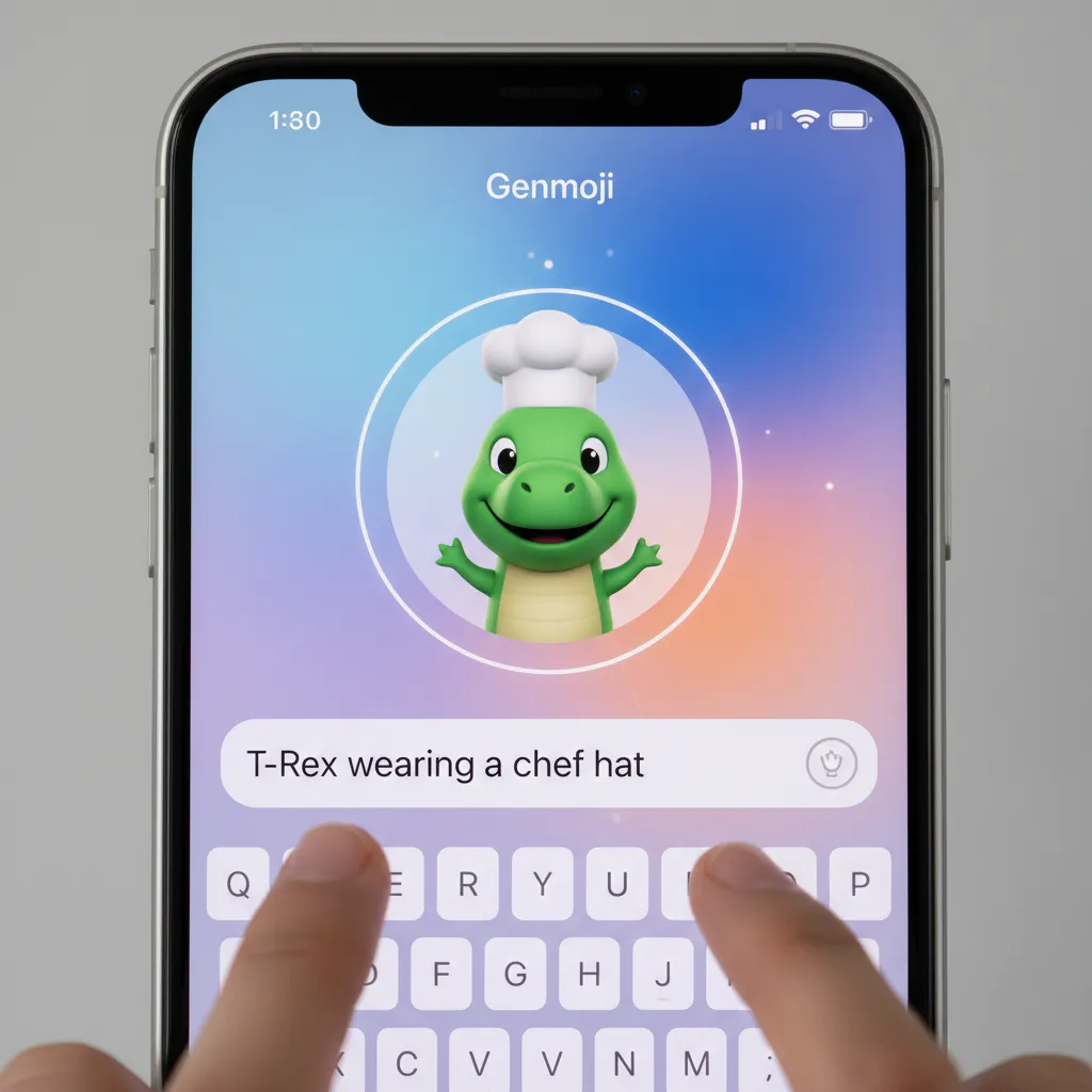 A user creating a custom Genmoji on their iPhone, showing a cartoon T-Rex wearing a chef's hat.