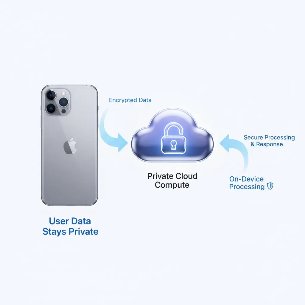 Illustration showing data processing on-device and in Apple's Private Cloud Compute, highlighting the security aspect.