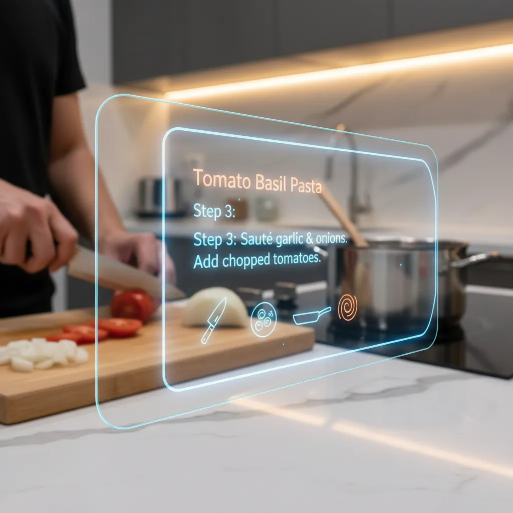 Person cooking with augmented reality glasses displaying a holographic recipe overlay