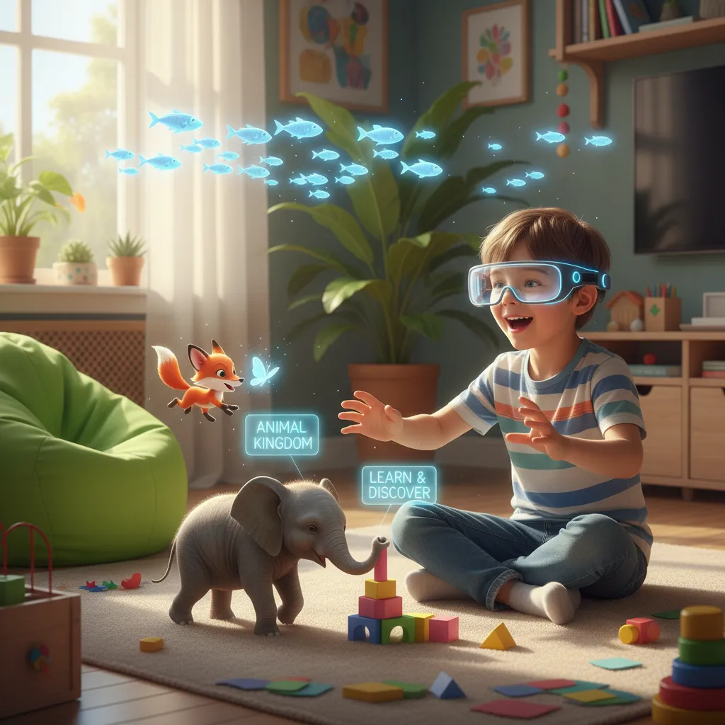 Child playing an AR learning game with virtual animals in a living room