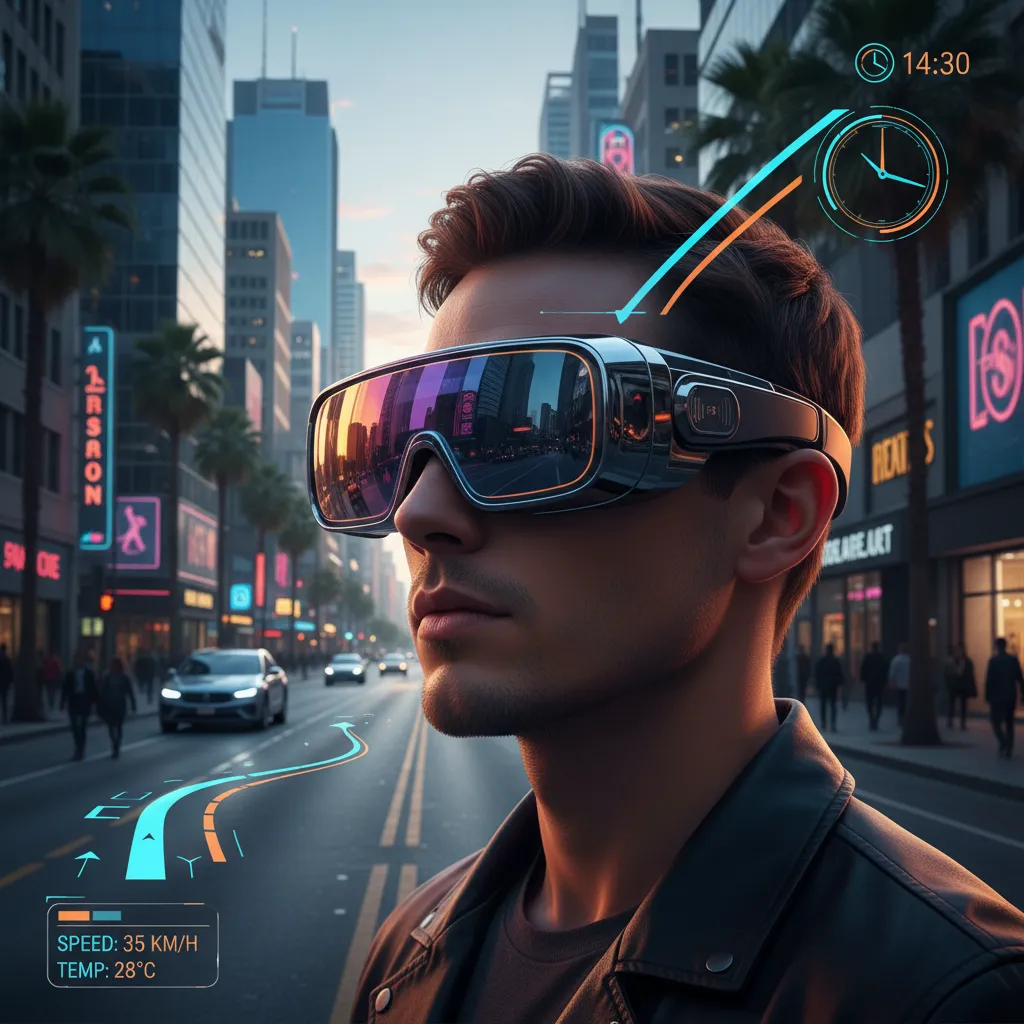 Person wearing AR glasses with digital information overlayed on city view