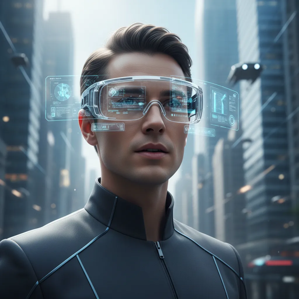 A person wearing sleek AR glasses looks out over a futuristic cityscape with data overlays and digital interfaces floating in their view.