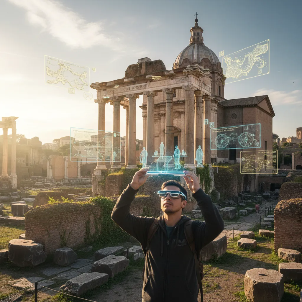 Traveler using AR for historical site information