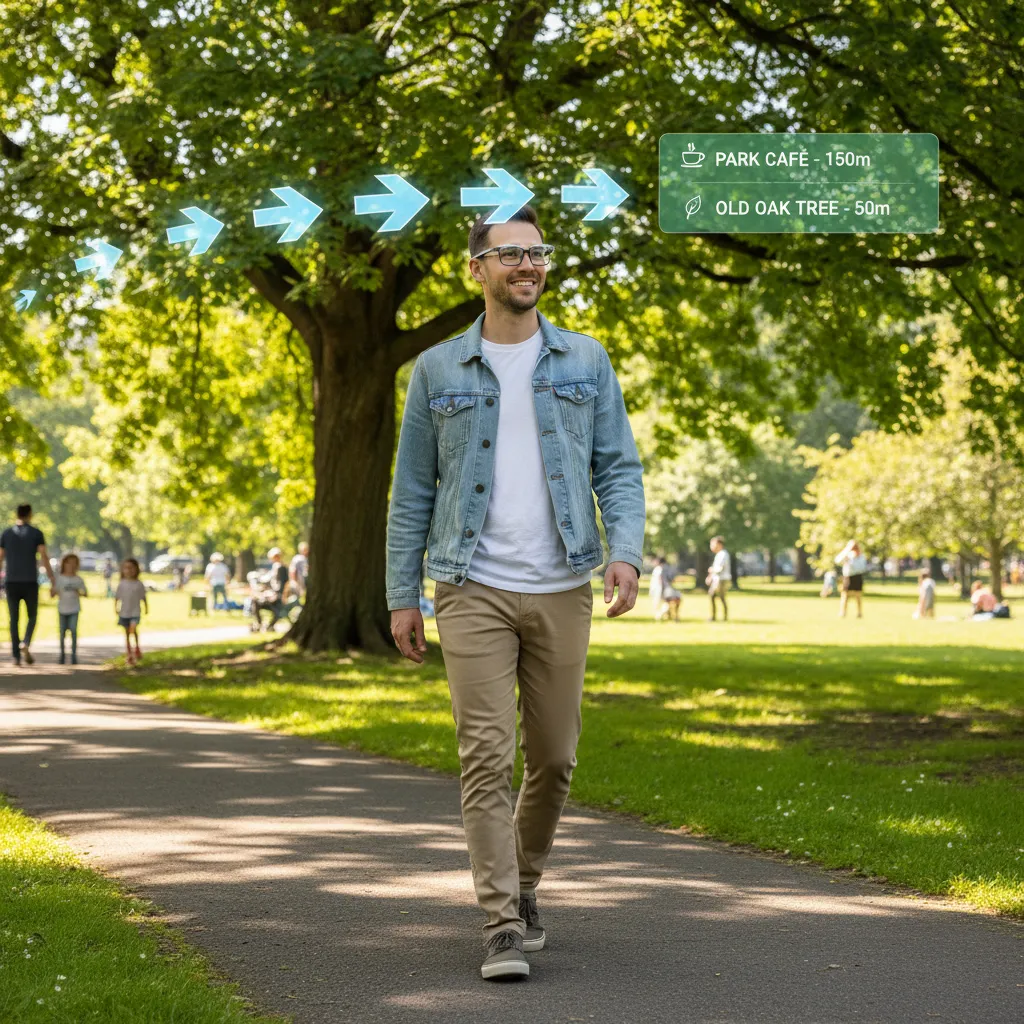 Person walking in a park wearing AR glasses, guided by digital arrows and landmark information