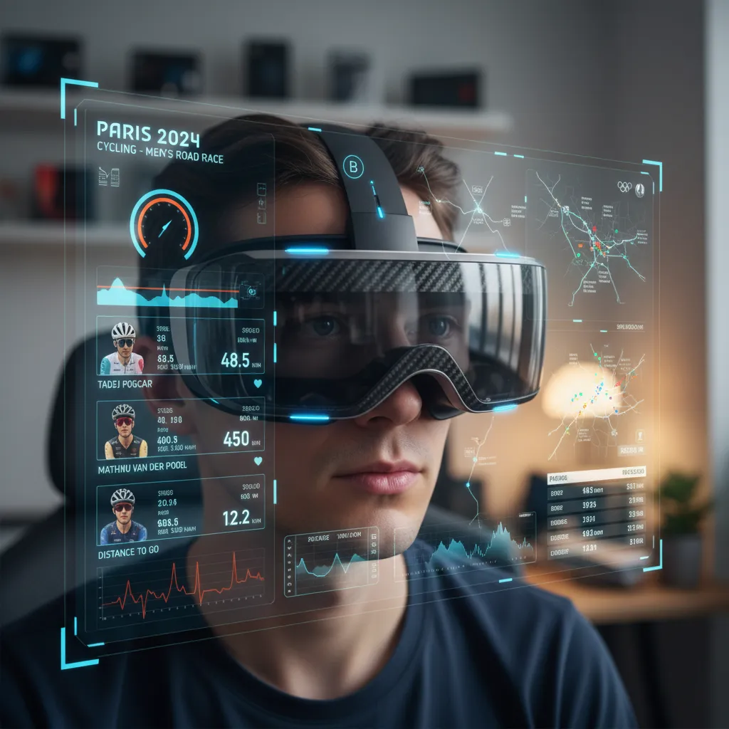 An augmented reality view of a cycling race with athlete stats overlaid on the screen.