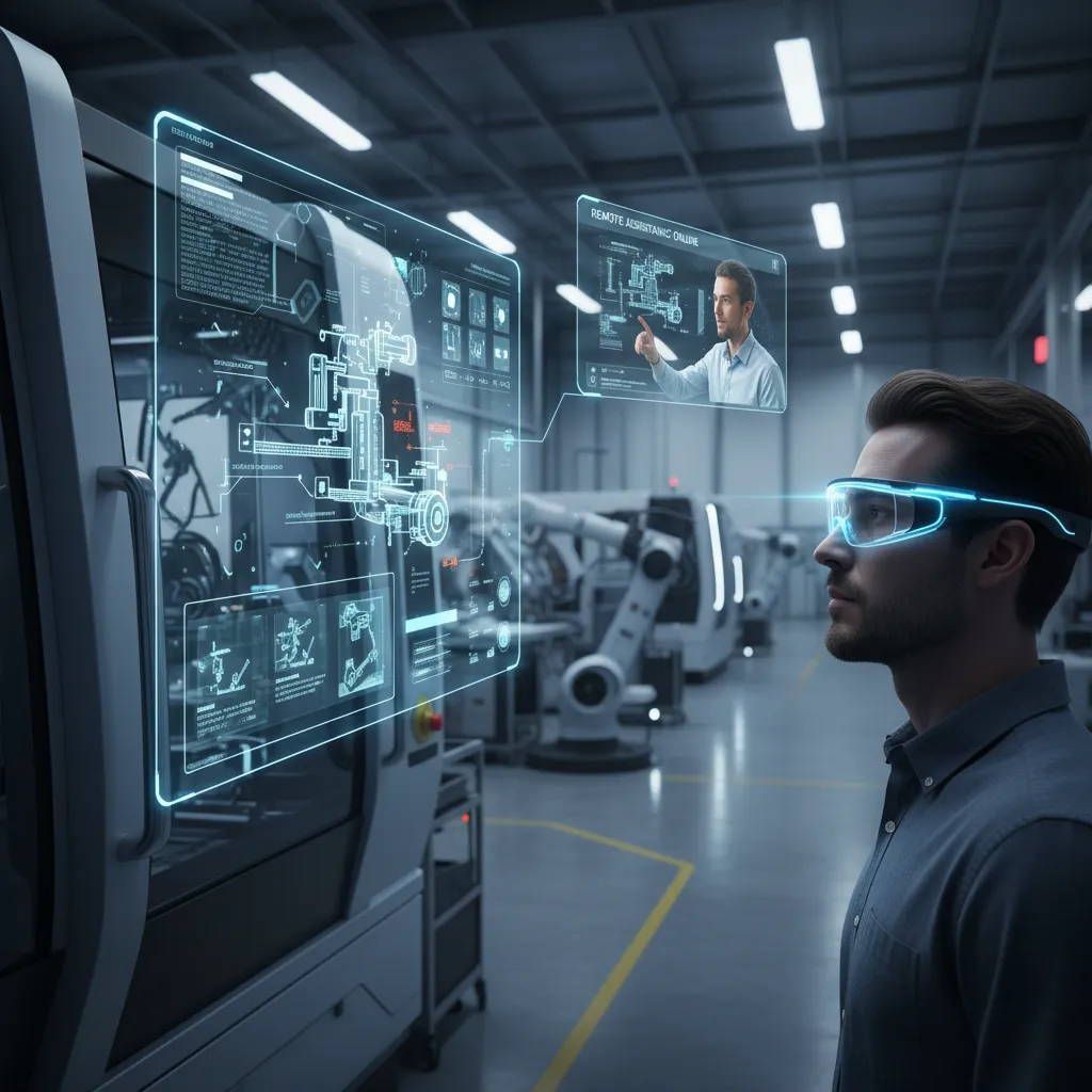 Worker using AR glasses for remote assistance in a factory