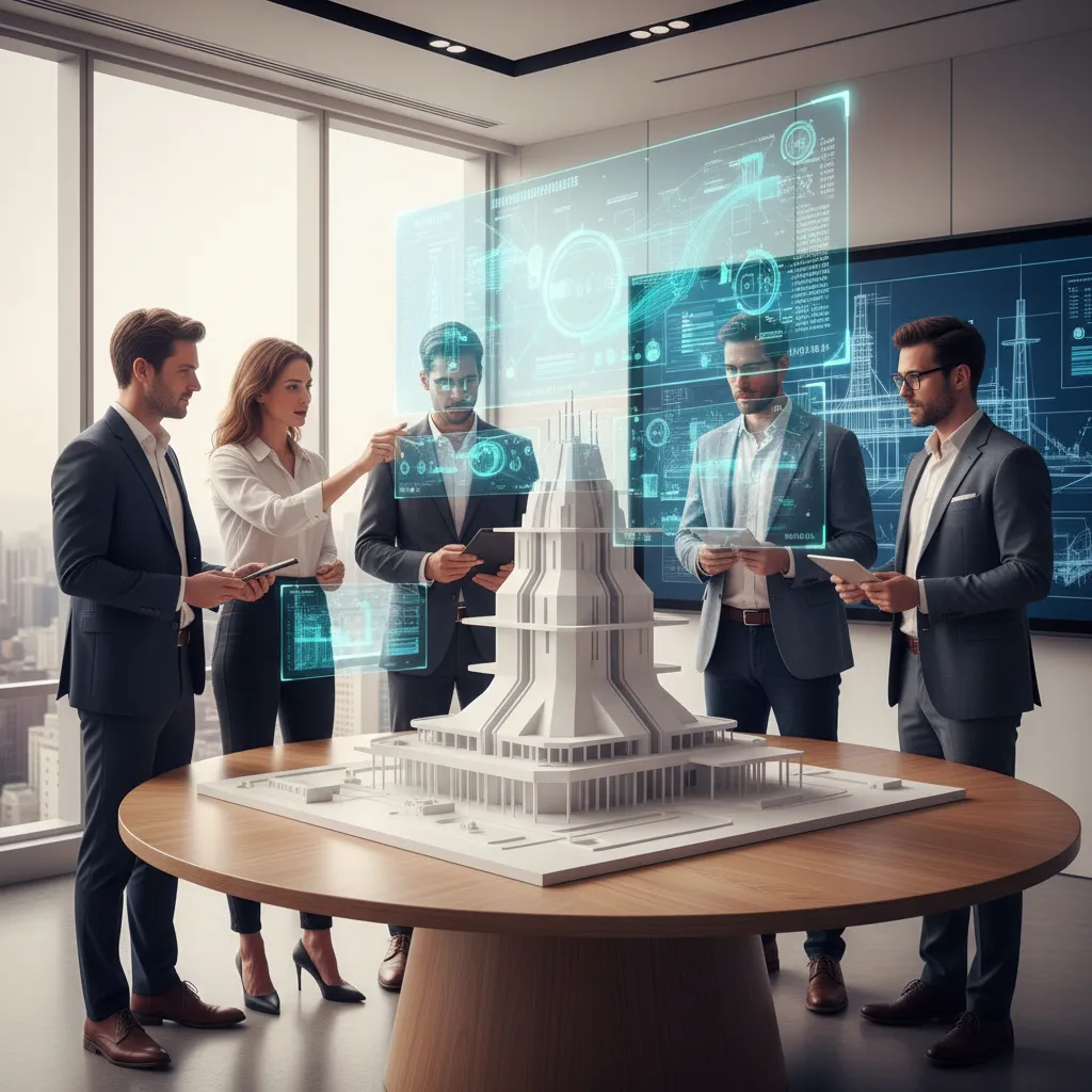 Architects collaborating with holographic data on a building model