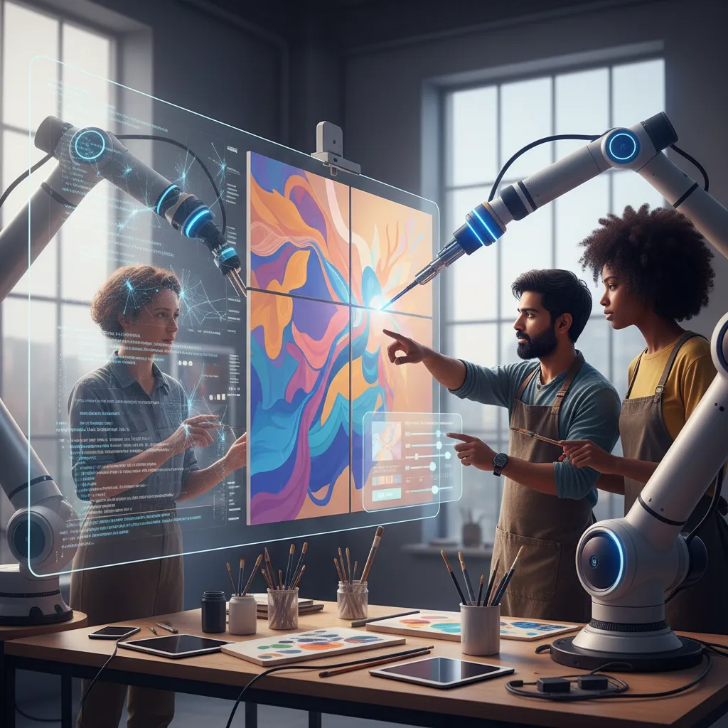 Artists collaborating with AI on digital art