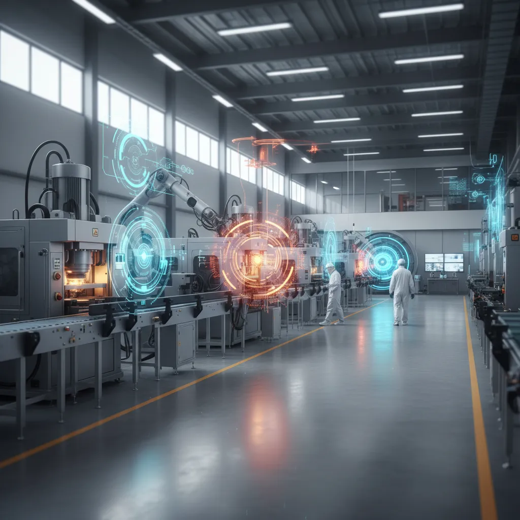 AI system analyzing industrial machinery for predictive maintenance on a factory floor