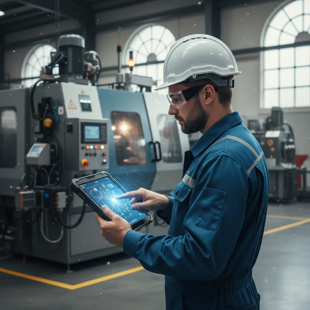 Maintenance technician reviewing AI insights on a tablet for machine health