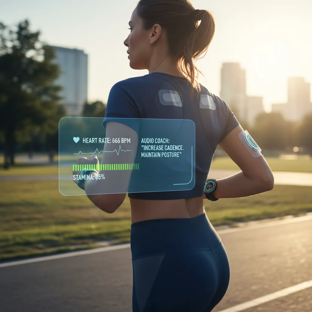 Runner with wearable tech showing real-time biometric data and coaching