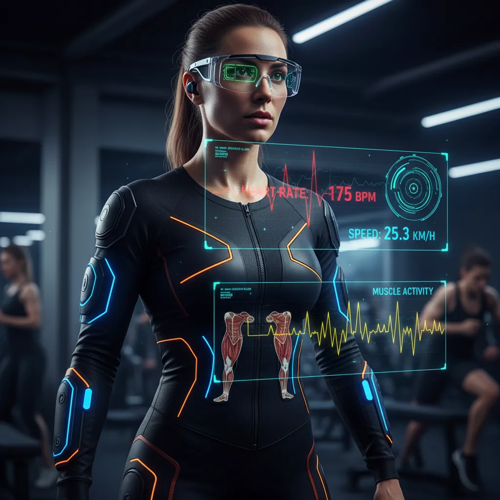 Athlete with biometric sensors and AR glasses showing real-time performance data