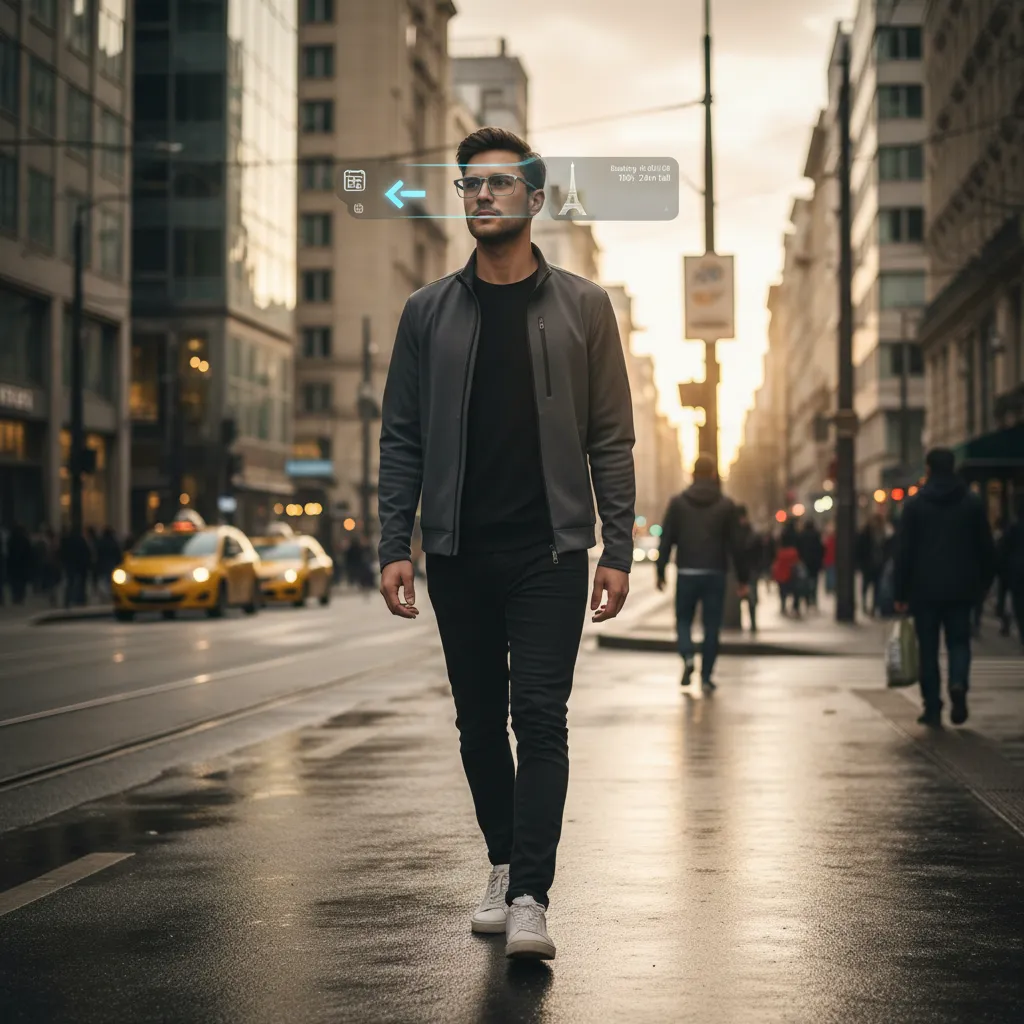 Person wearing smart glasses seeing augmented reality overlays in a city