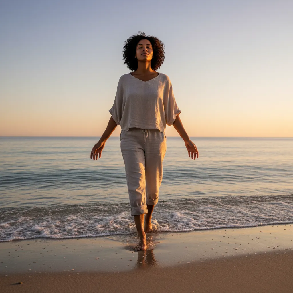 Person walking barefoot on a beach, meditating.