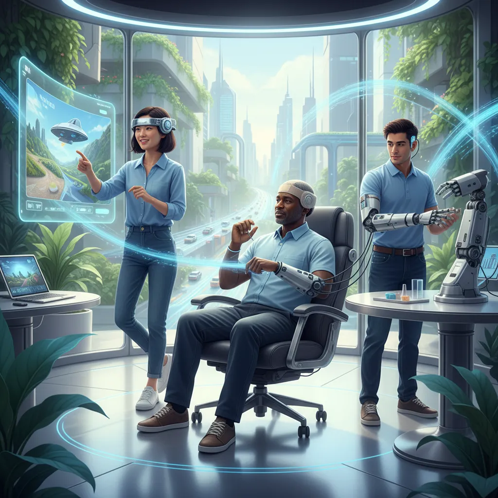 People using brain-computer interfaces for gaming, rehabilitation, and prosthetic control