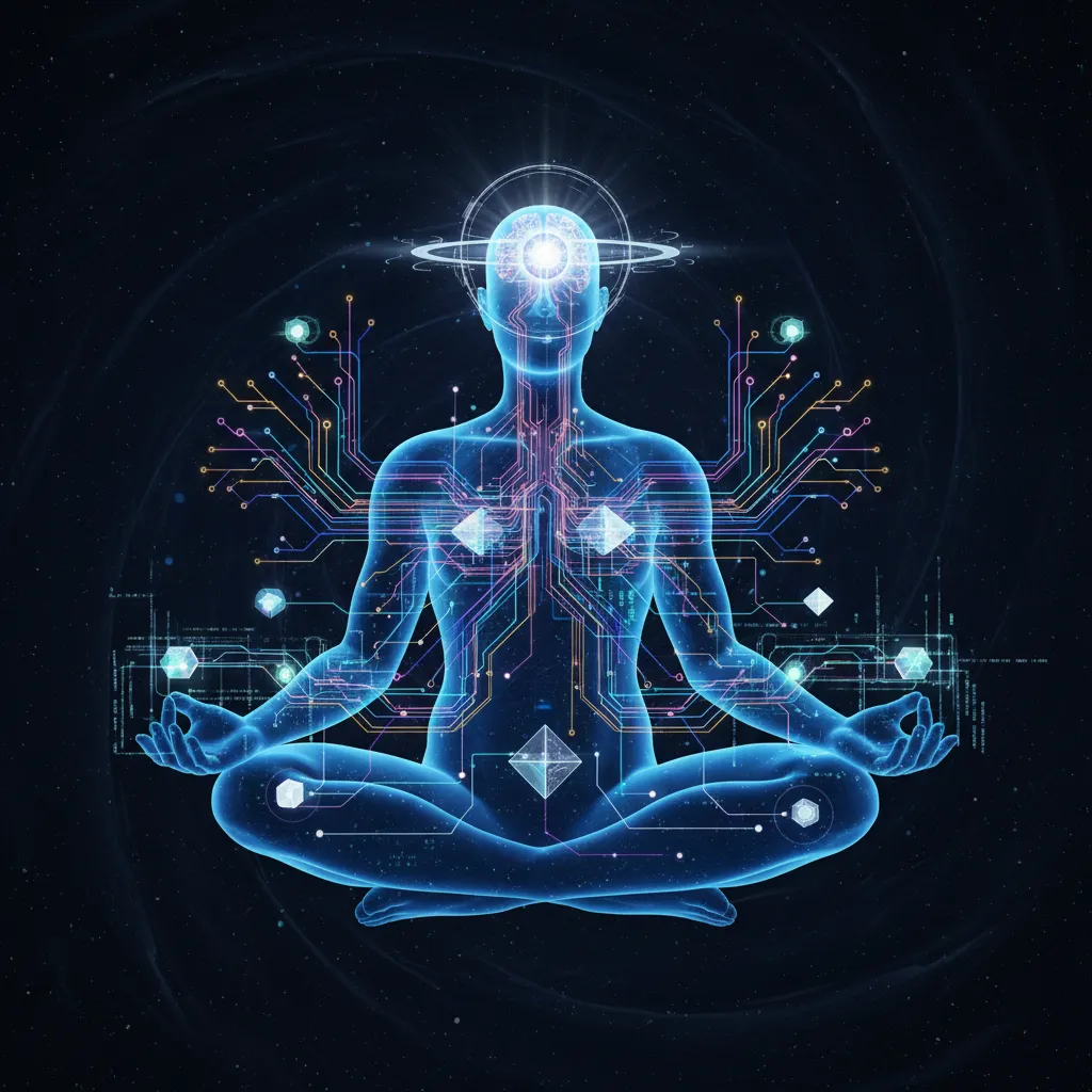 Abstract depiction of brain-computer interface integrated with human mind