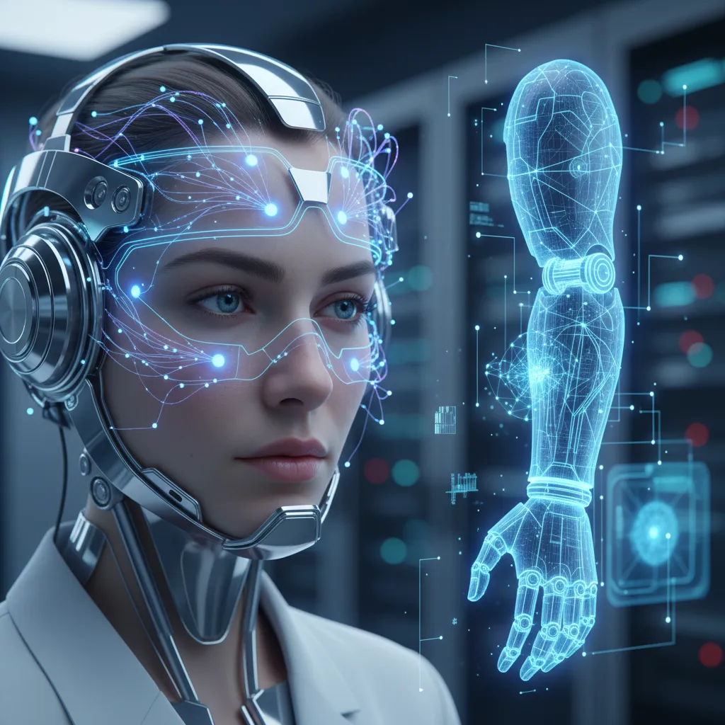 Person with BCI headset interacting with digital prosthetic