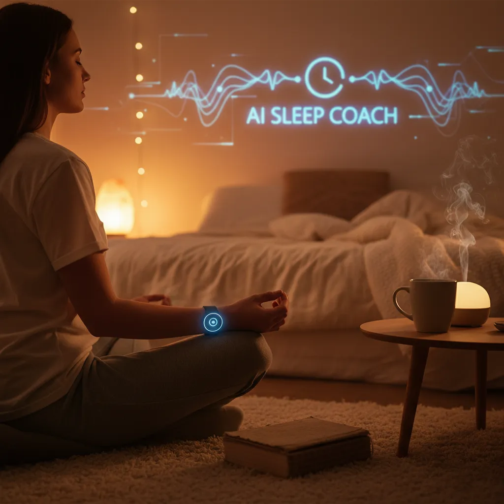 Person meditating with a wearable device, tea on a bedside table, depicting AI-guided bedtime routine.