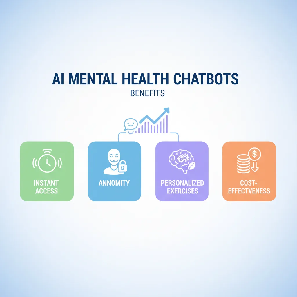 Infographic showing benefits of AI mental health support with icons for 24/7 Access, Affordability, Anonymity, and Personalization.