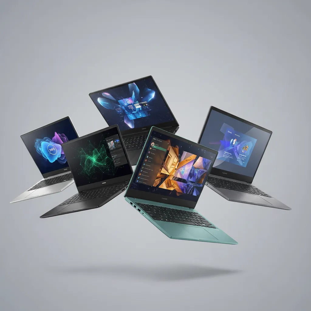 A collage of different AI PC models from brands like Dell, HP, Samsung, and Microsoft, arranged on a clean background.