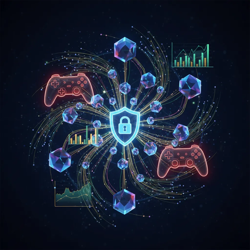 Abstract representation of blockchain network connecting gaming controllers and financial data.