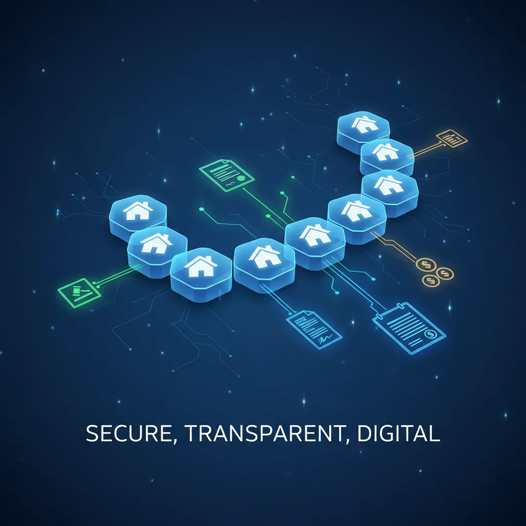 Digital illustration of blockchain technology with house icons and connected blocks, representing secure real estate transactions.