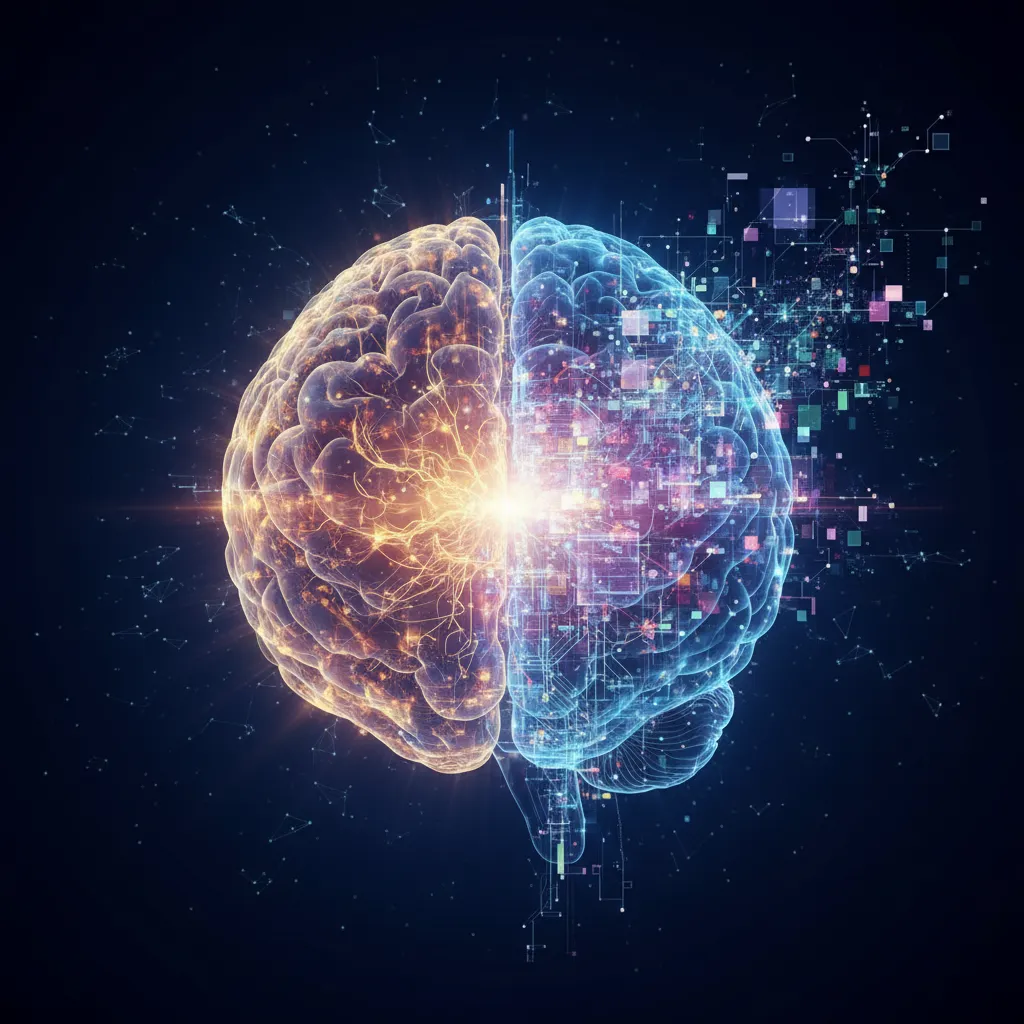 Abstract depiction of human brain and digital circuits merging