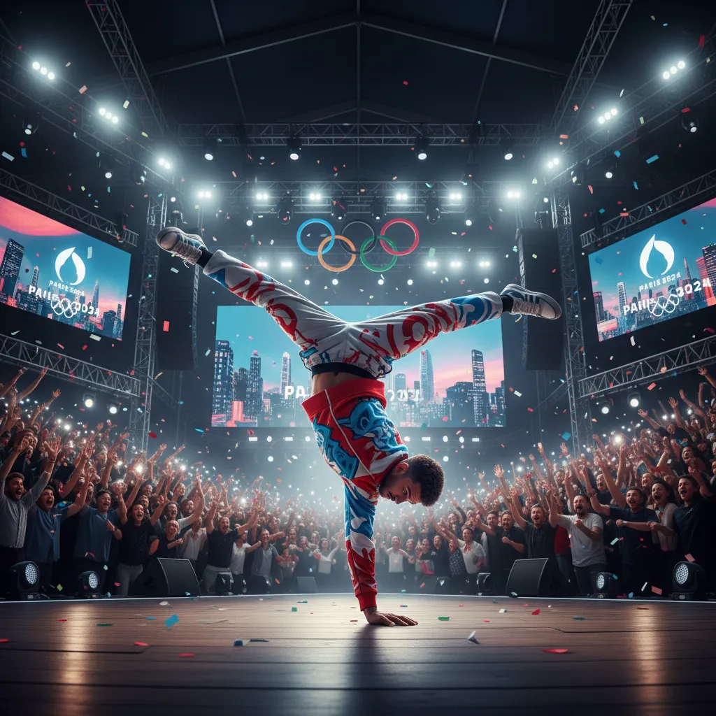 An athlete breakdancing at a Paris 2024 Olympic venue.