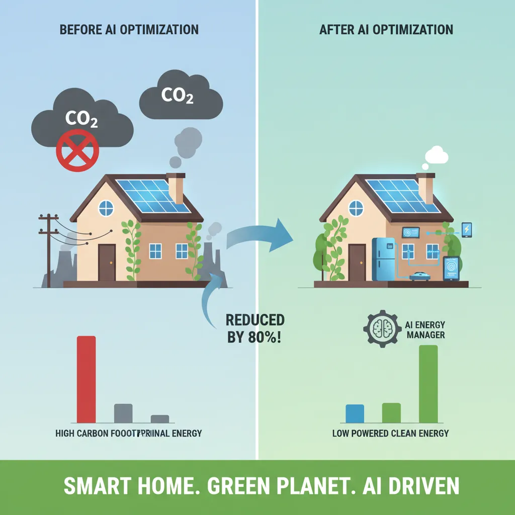 A digital dashboard showing a home's carbon footprint dramatically reducing thanks to AI optimization.