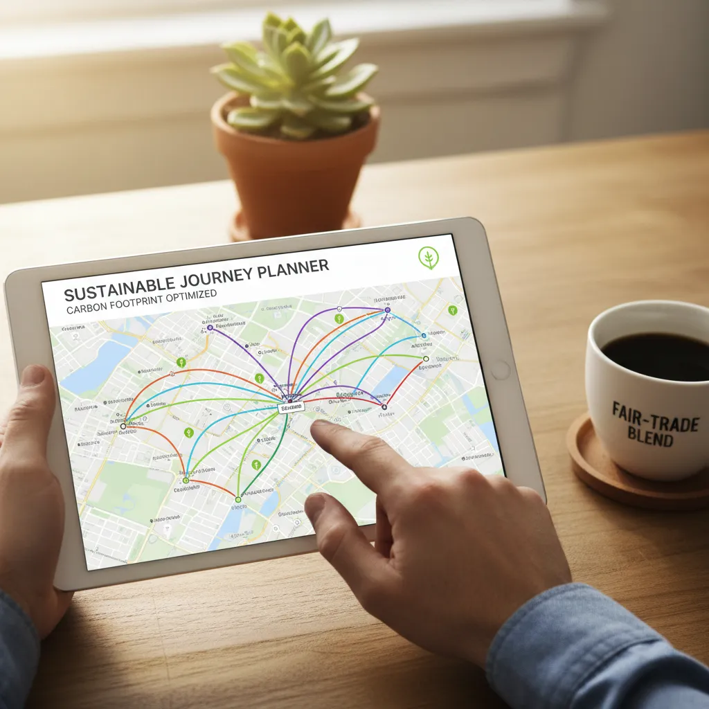 Hands planning a sustainable trip on a tablet with carbon footprint map