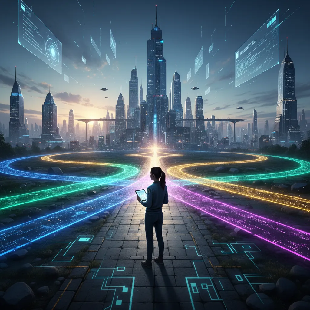 A person looking at a holographic map showing multiple branching career paths in an AI-driven future.