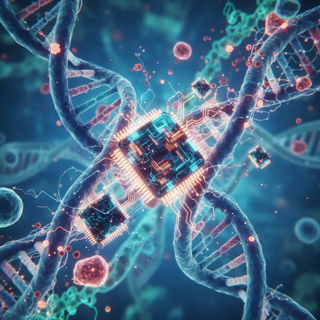 Microscopic view of human cells and DNA intertwined with glowing AI microchips