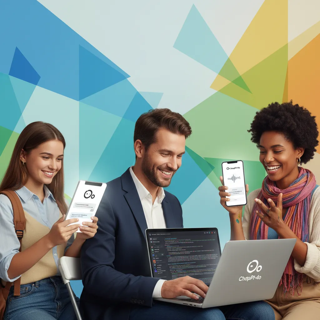 A diverse group of people using ChatGPT-4o on various devices, representing its free accessibility.