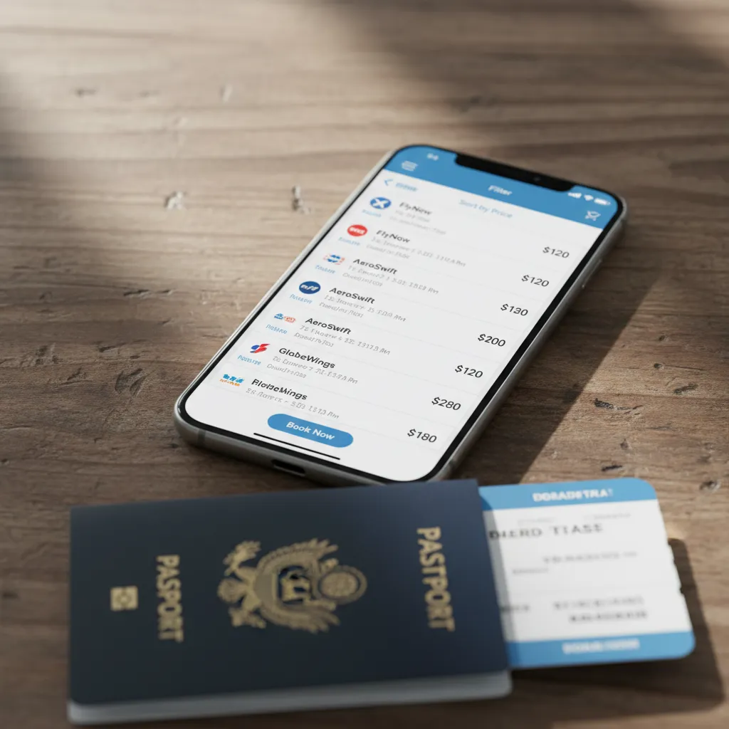 Smartphone displaying flight comparison app with cheap flight options