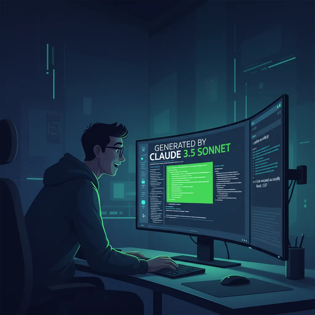 An illustration of a developer at a computer with code generated by Claude 3.5 Sonnet, looking pleased with the clean and efficient output.