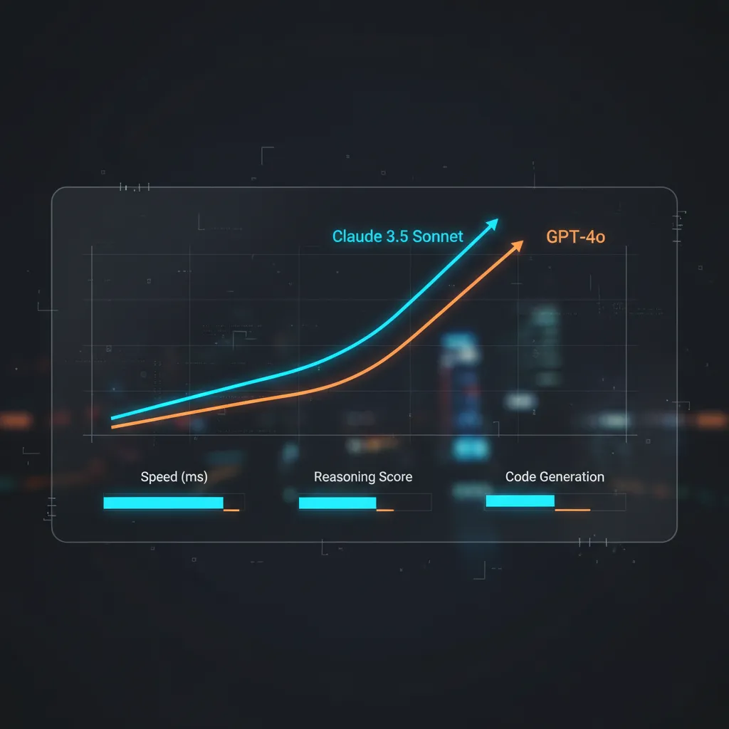 A futuristic dashboard graph showing Claude 3.5 Sonnet's performance metrics outperforming GPT-4o in speed and intelligence tests.