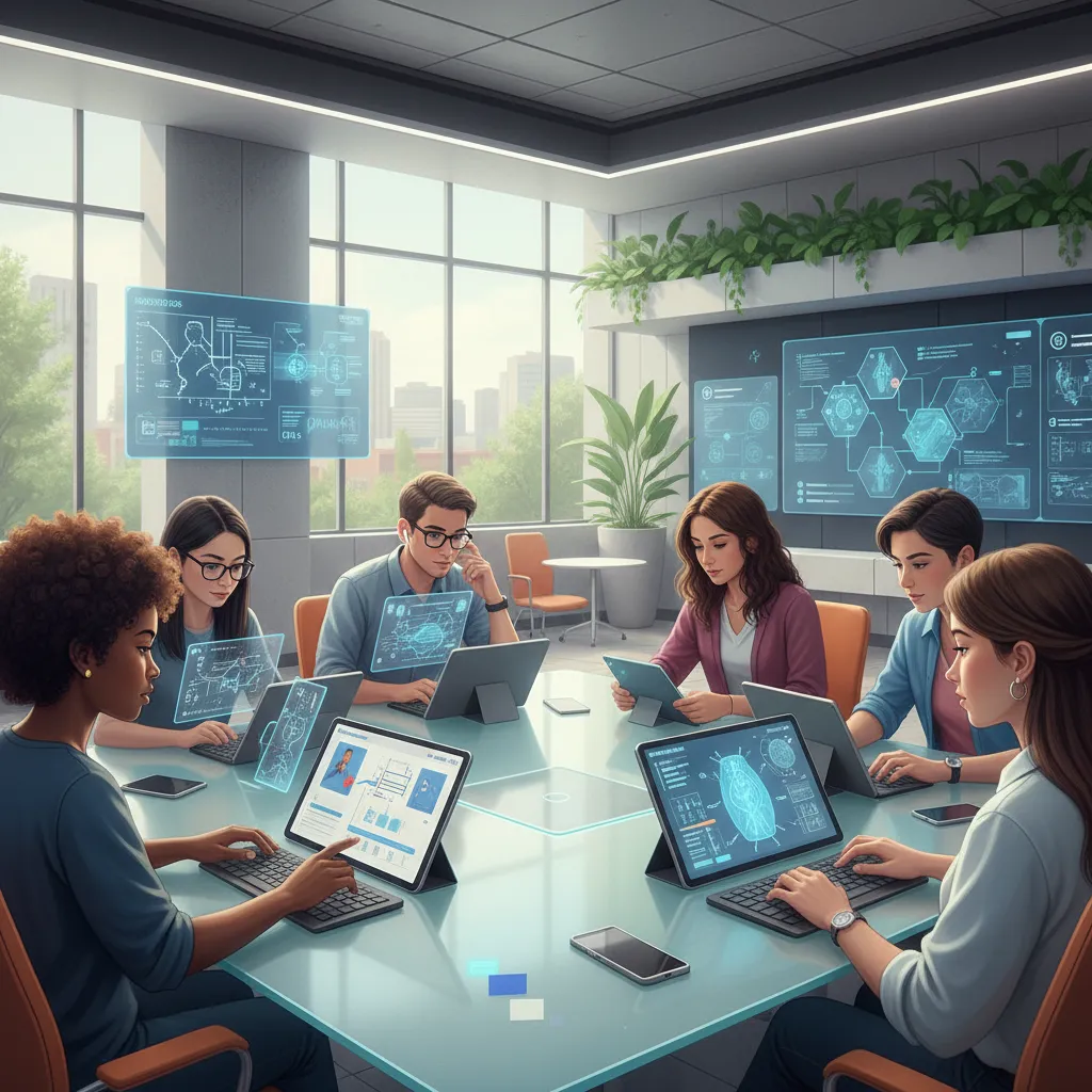 Diverse students collaborating with individual AI-adapted learning modules.