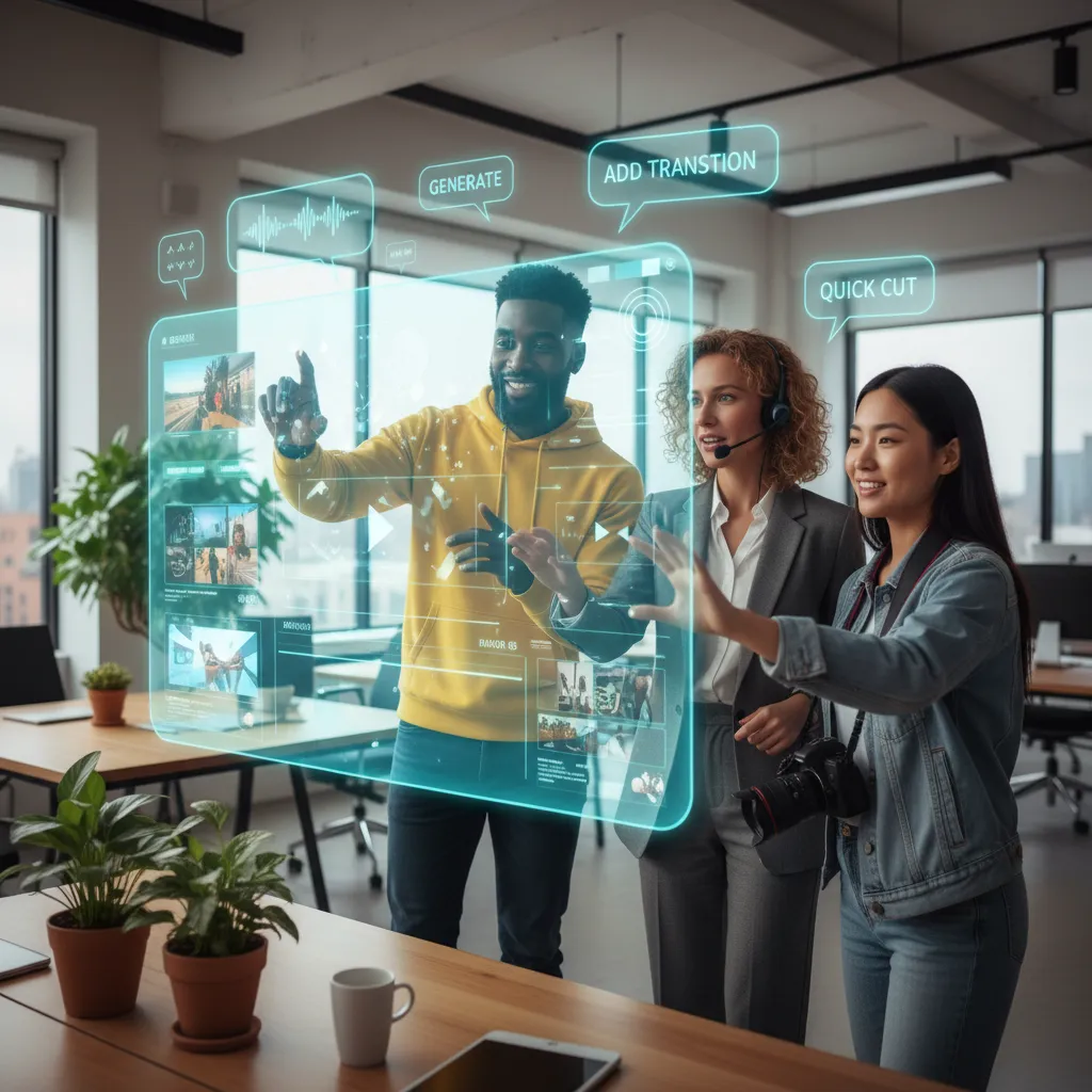 Diverse creators using holographic display for AI video generation