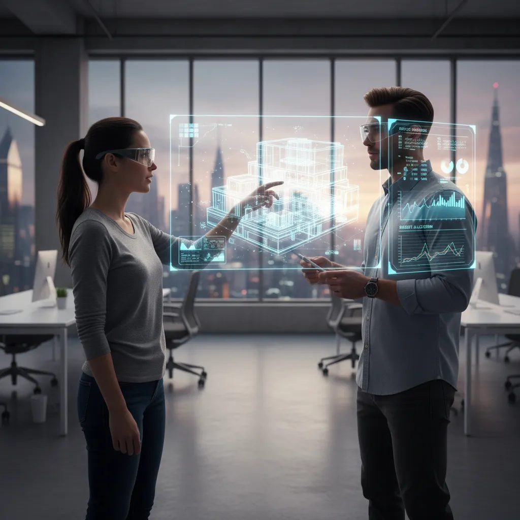 Two people collaborating with a 3D model in spatial computing