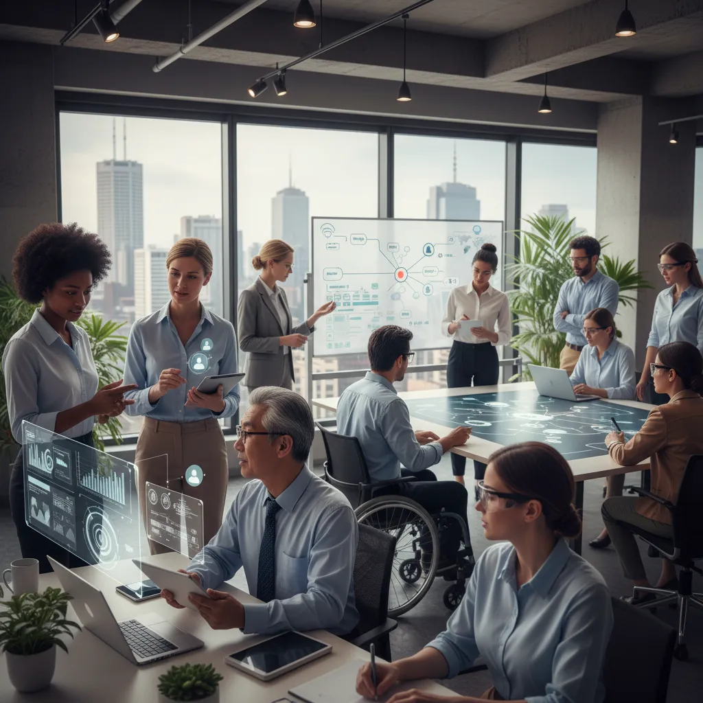 Diverse team collaborating with AI tools for upskilling