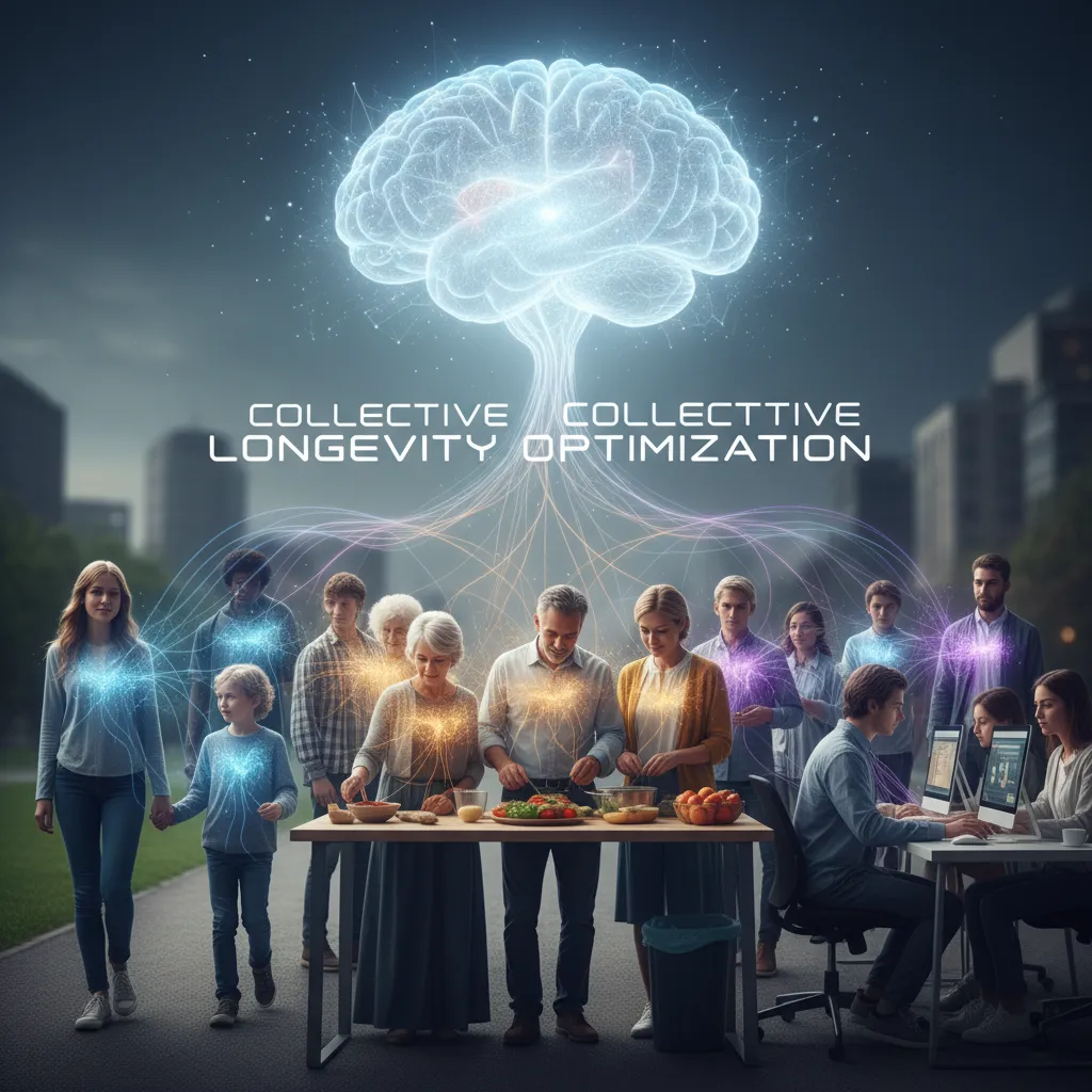 Diverse group of people connected by glowing AI lines symbolizing collective longevity