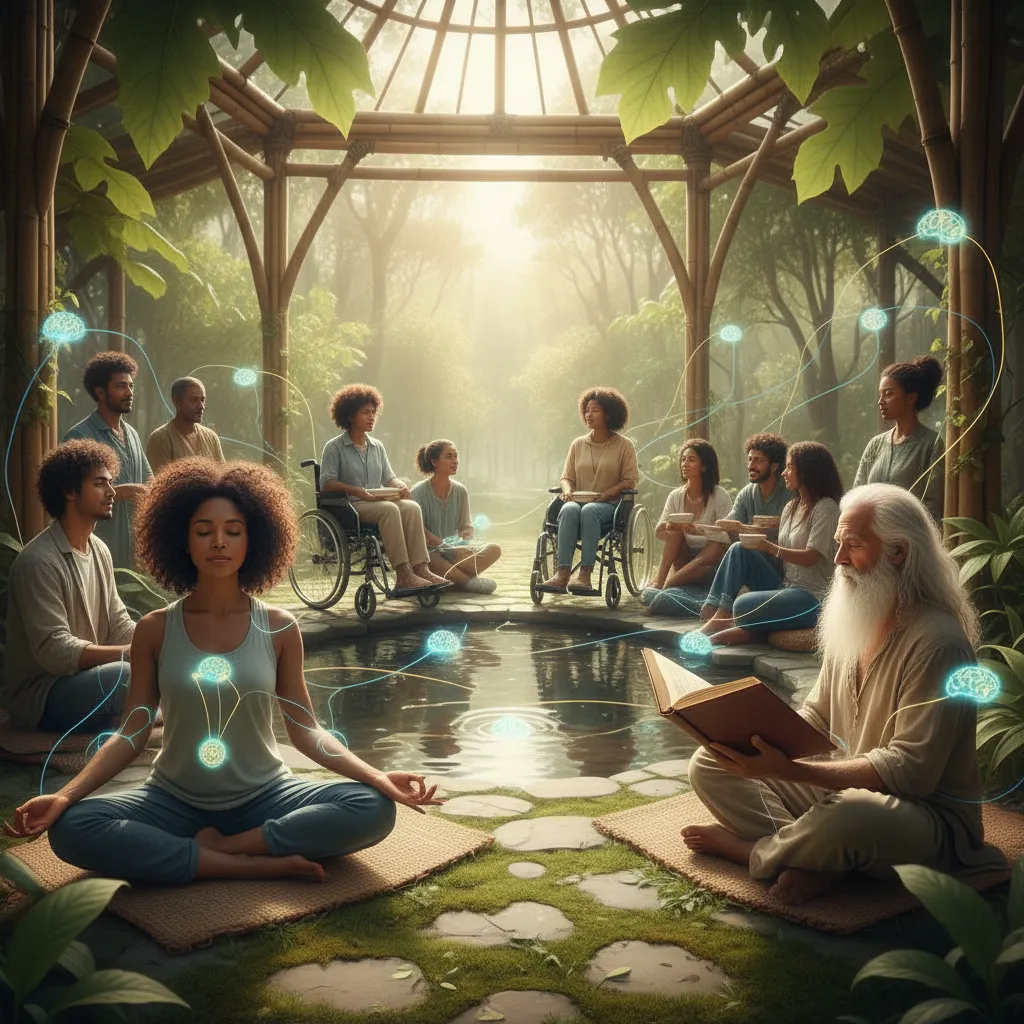 Diverse people practicing mindfulness with AI integration