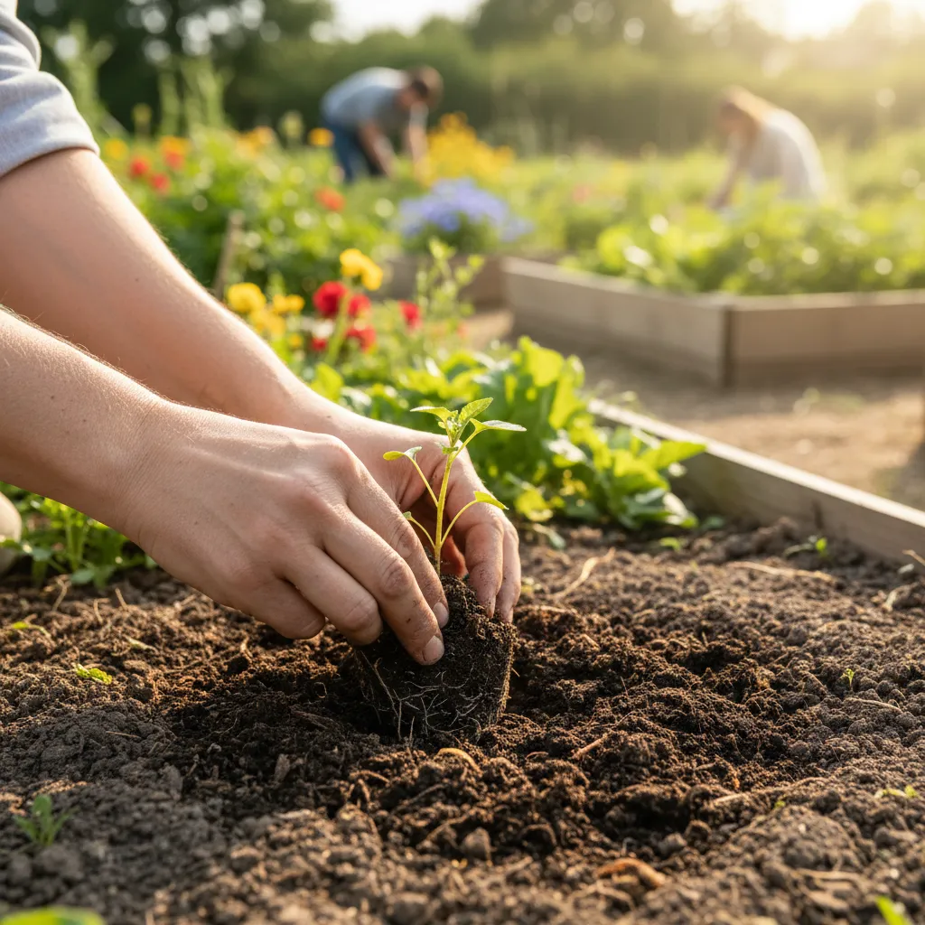 Hands planting a seedling in a community garden